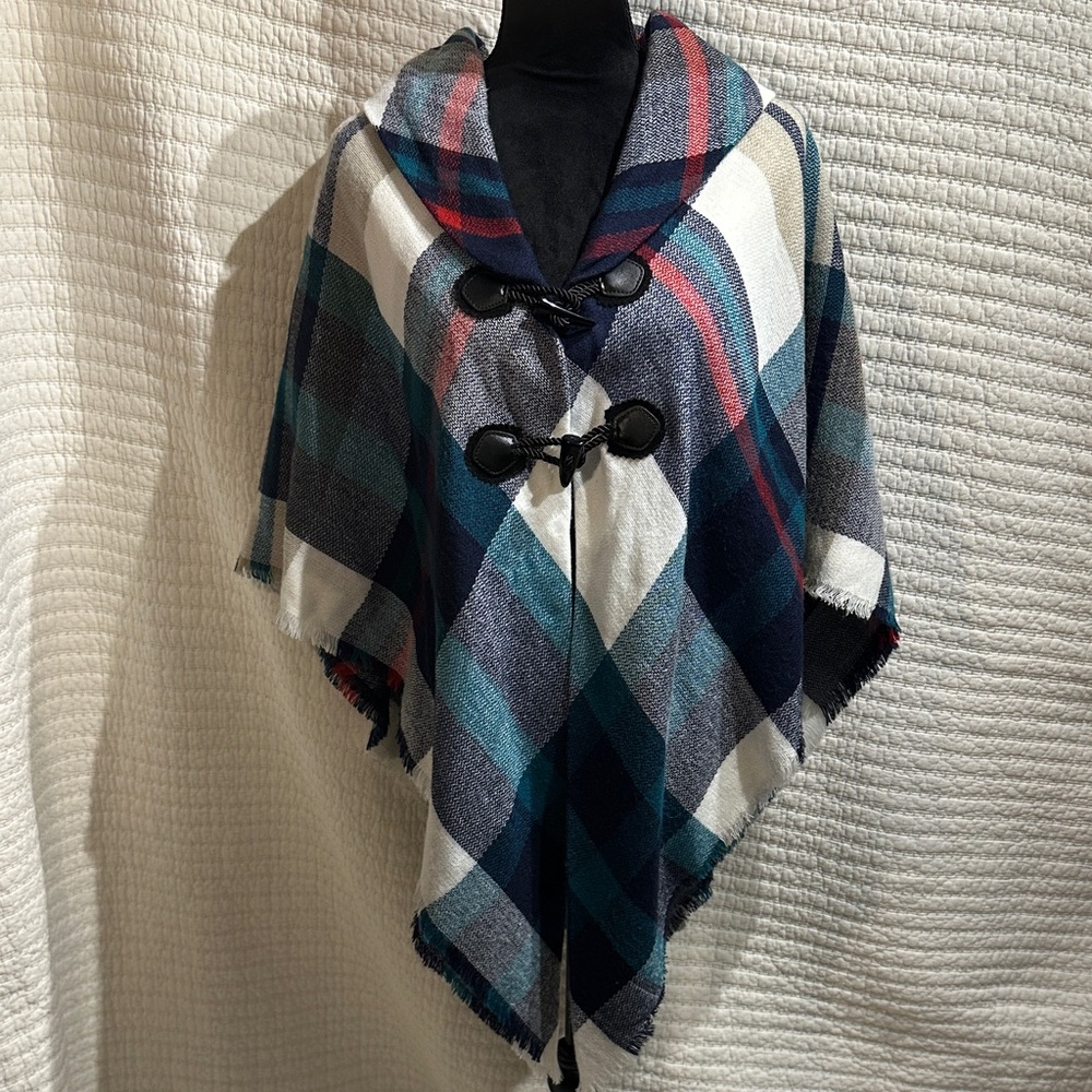 Mix It Poncho Plaid Blue Red Cream With Toggle Closure One Size MSRP $68